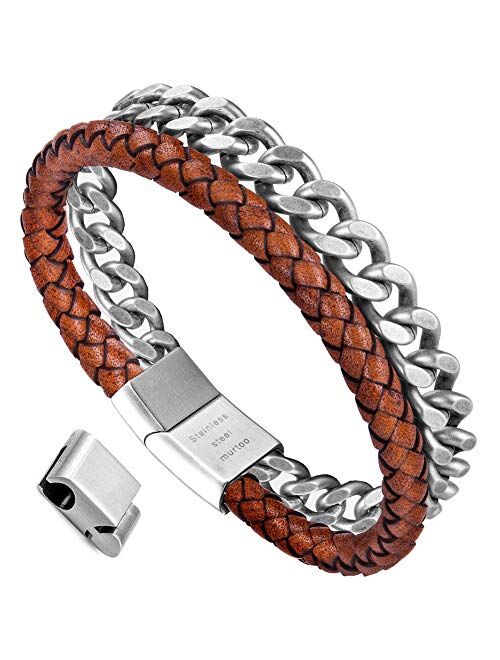 murtoo Mens Bracelet Leather and Steel, Stainless Steel Chain and Leather Bracelets for Men