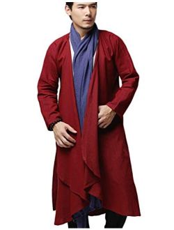 LZJN Men's Kimono Cardigan Open Front Lightweight Linen Long Coat Ethnic Trench Jackets