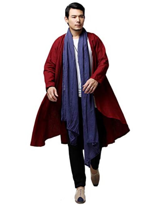 LZJN Men's Kimono Cardigan Open Front Lightweight Linen Long Coat Ethnic Trench Jackets