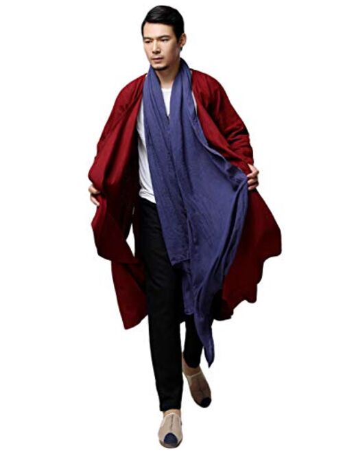 LZJN Men's Kimono Cardigan Open Front Lightweight Linen Long Coat Ethnic Trench Jackets