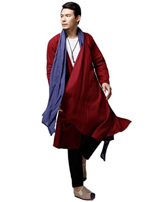 LZJN Men's Kimono Cardigan Open Front Lightweight Linen Long Coat Ethnic Trench Jackets