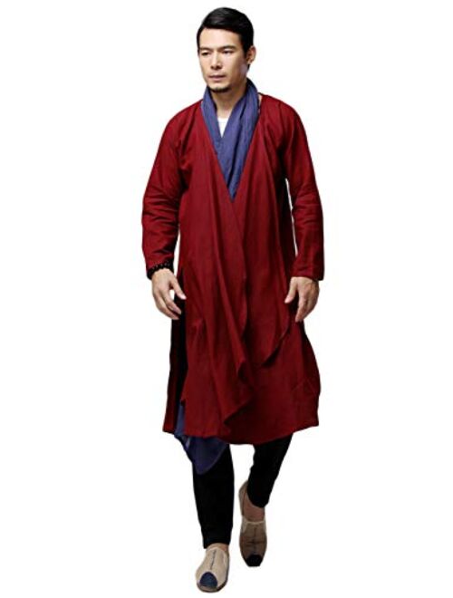 LZJN Men's Kimono Cardigan Open Front Lightweight Linen Long Coat Ethnic Trench Jackets