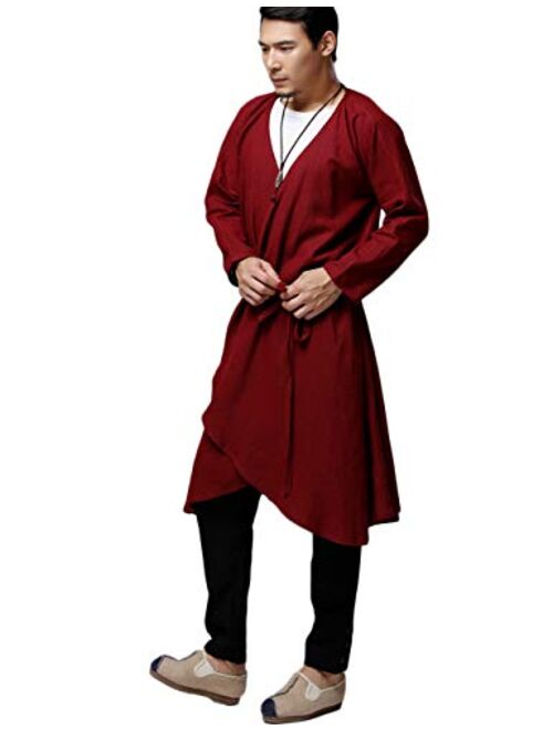 LZJN Men's Kimono Cardigan Open Front Lightweight Linen Long Coat Ethnic Trench Jackets