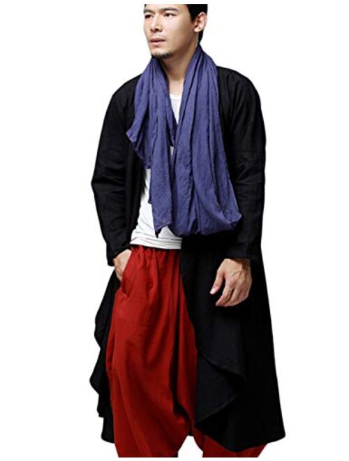 LZJN Men's Kimono Cardigan Open Front Lightweight Linen Long Coat Ethnic Trench Jackets