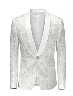 MOGU Mens Blazer Slim Fit Suit Jacket White Floral Jacquard