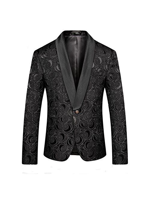 MOGU Mens Blazer Slim Fit Suit Jacket White Floral Jacquard