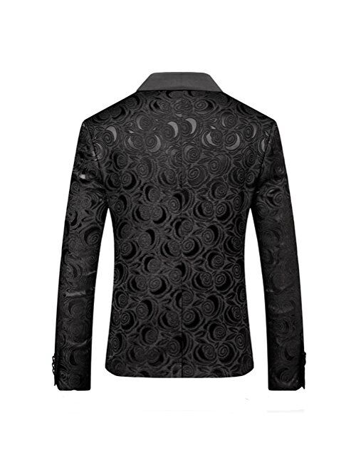 MOGU Mens Blazer Slim Fit Suit Jacket White Floral Jacquard