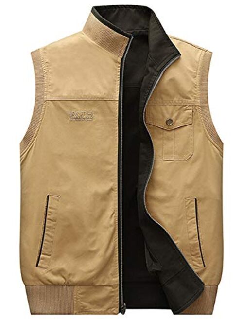 chouyatou Men's Outdoor Sports Zipper Multi-Pocket Reversible Wild Twill Work Vest Jacket