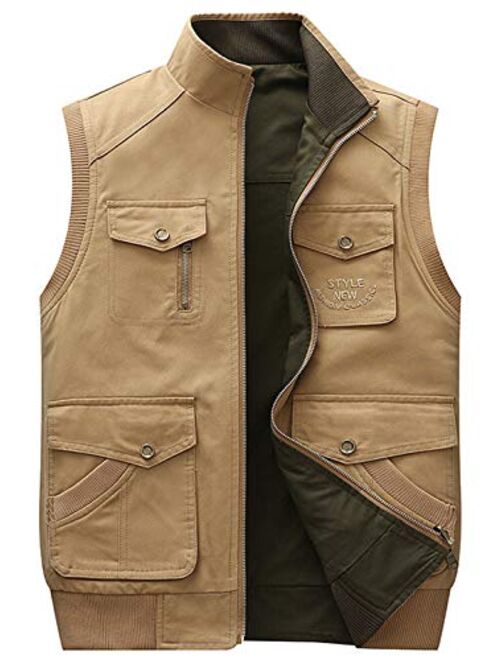 chouyatou Men's Outdoor Sports Zipper Multi-Pocket Reversible Wild Twill Work Vest Jacket