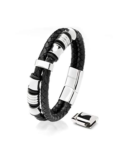 SERASAR | Premium Genuine Leather Bracelet for Men in Black | Polished Magnetic Stainless Steel Closure in Black & Silver | Exclusive Jewellery Box | Great Gift Idea