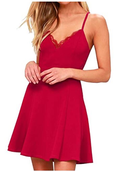 FANCYINN Womens Spaghetti Strap Mini Dress Lace Trim Neckline Sexy Juniors Short Dress