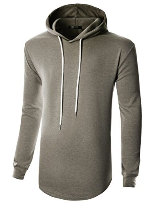 GIVON Mens Hipster Simple Longline Lightweight Pullover Long Sleeve Hooded Shirt