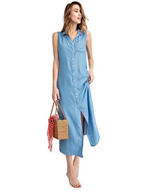 Anna Kaci Anna-Kaci Classic Sleeveless Blue Jean Button Down Denim Pocket Collar Shirt Dress