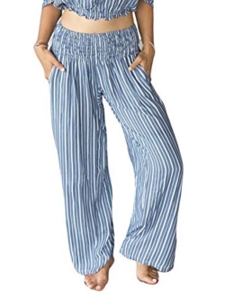 PIYOGA Womens Wide Leg Palazzo Pants, Loose Flare, Smocked High Waist w Pockets