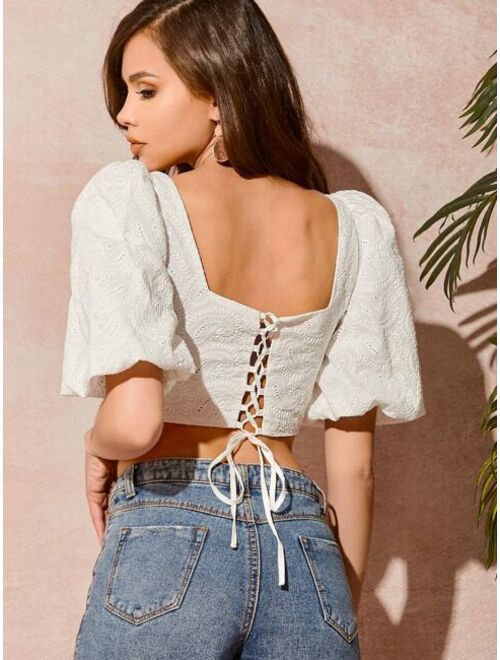 Buy Shein Lace Up Tie Back Guipure Lace Insert Schiffy Crop Top Online