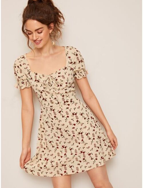 Shein Ditsy Rose Floral Print Ruffled Mini Dress