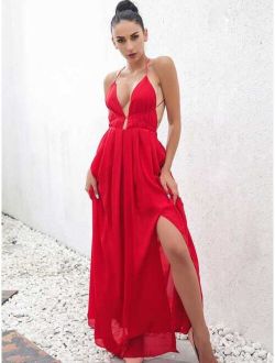 Joyfunear Open Back Plunge Split Prom Dress