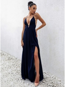 Joyfunear Open Back Plunge Split Prom Dress