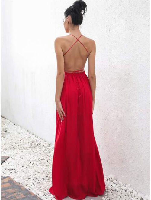 Shein Joyfunear Open Back Plunge Split Prom Dress