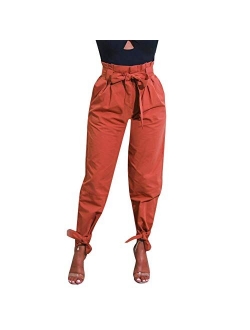 POQOQ Pants Paper Bag Women's Trouser Slim Belted High Waist Trousers