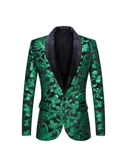 PYJTRL Men Fashion Velvet Sequins Floral Pattern Suit Jacket Blazer