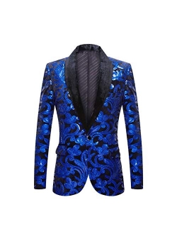 PYJTRL Men Fashion Velvet Sequins Floral Pattern Suit Jacket Blazer