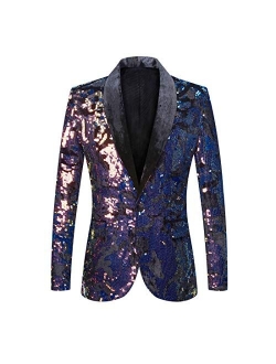 PYJTRL Men Fashion Velvet Sequins Floral Pattern Suit Jacket Blazer