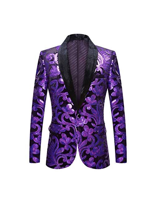 PYJTRL Men Fashion Velvet Sequins Floral Pattern Suit Jacket Blazer