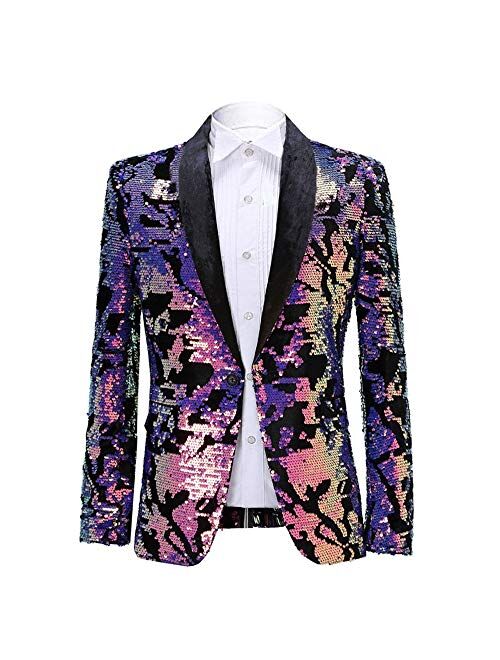 PYJTRL Men Fashion Velvet Sequins Floral Pattern Suit Jacket Blazer