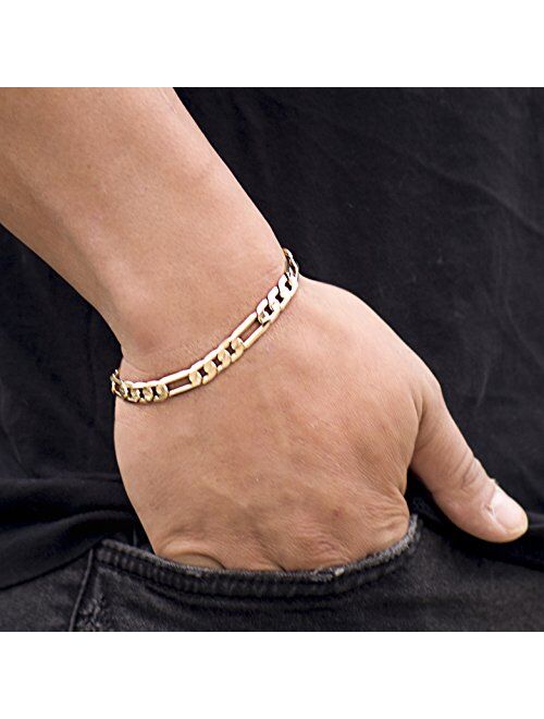 Lifetime Jewelry Diamond Cut 7mm Figaro Bracelet for Men 24k Real Gold Plated with Lifetime Replacement Guarantee