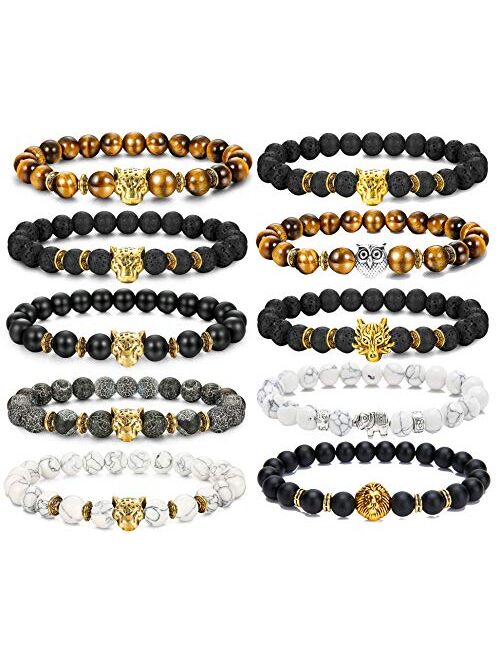 FIBO STEEL 1-10 Pcs Lava Rock Stone Bead Bracelet for Men Women Leopard Head Bracelet Set Adjustable,8MM Stone