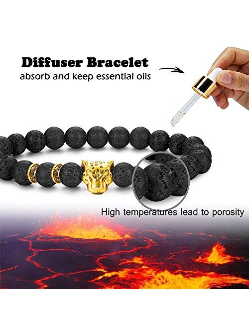 FIBO STEEL 1-10 Pcs Lava Rock Stone Bead Bracelet for Men Women Leopard Head Bracelet Set Adjustable,8MM Stone