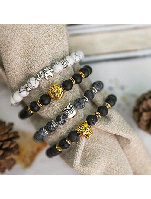 FIBO STEEL 1-10 Pcs Lava Rock Stone Bead Bracelet for Men Women Leopard Head Bracelet Set Adjustable,8MM Stone