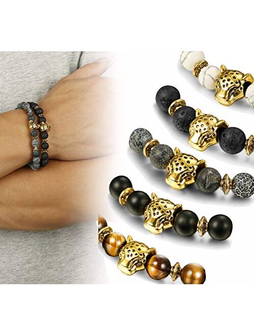 FIBO STEEL 1-10 Pcs Lava Rock Stone Bead Bracelet for Men Women Leopard Head Bracelet Set Adjustable,8MM Stone