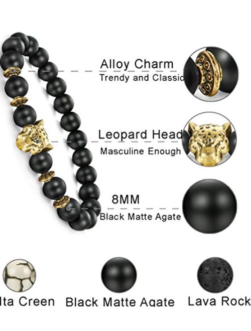 FIBO STEEL 1-10 Pcs Lava Rock Stone Bead Bracelet for Men Women Leopard Head Bracelet Set Adjustable,8MM Stone