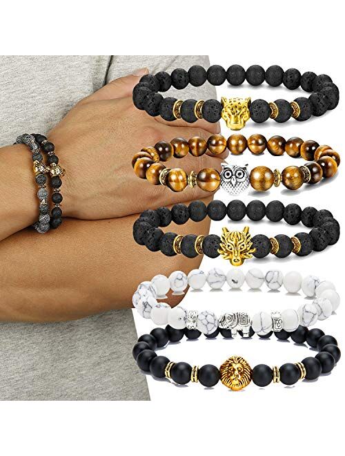 FIBO STEEL 1-10 Pcs Lava Rock Stone Bead Bracelet for Men Women Leopard Head Bracelet Set Adjustable,8MM Stone