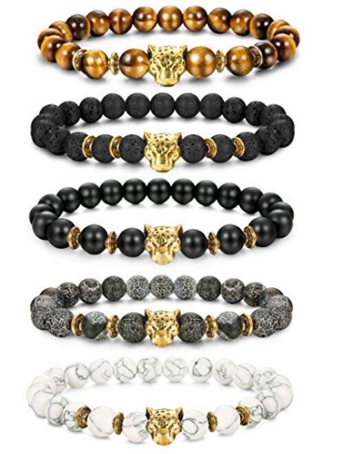 FIBO STEEL 1-10 Pcs Lava Rock Stone Bead Bracelet for Men Women Leopard Head Bracelet Set Adjustable,8MM Stone