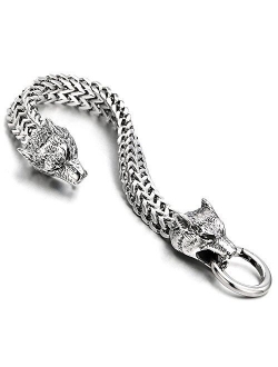 COOLSTEELANDBEYOND Biker Mens Stainless Steel Wolf Head Franco Link Curb Chain Bracelet with Spring Ring Clasp 8.7 Inch