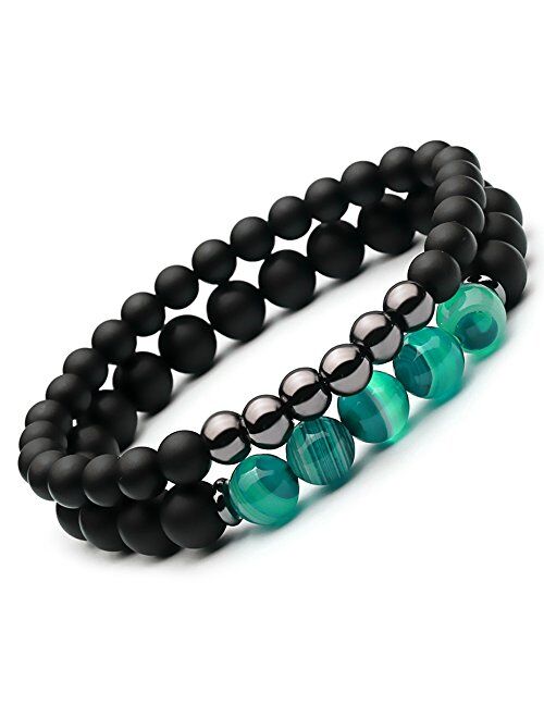 SEVENSTONE 2PCS Black Matte Onyx Prayer Beads Bracelet for Men Women Elastic Natural Stone