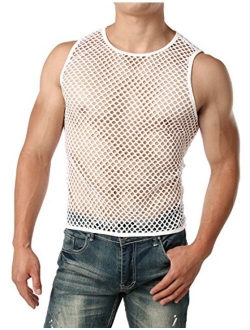 JOGAL Men's Mesh Fishnet Fitted Sleeveless Muscle Top