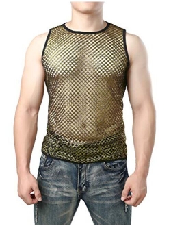 JOGAL Men's Mesh Fishnet Fitted Sleeveless Muscle Top