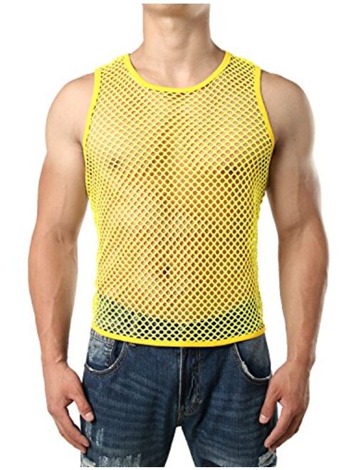 JOGAL Men's Mesh Fishnet Fitted Sleeveless Muscle Top