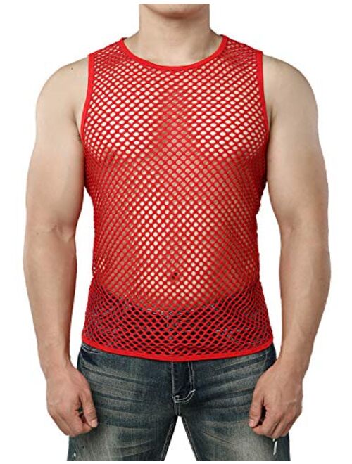 JOGAL Men's Mesh Fishnet Fitted Sleeveless Muscle Top