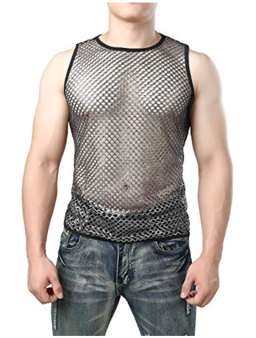 JOGAL Men's Mesh Fishnet Fitted Sleeveless Muscle Top