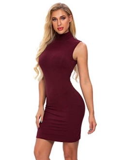 M T 4 YOU Women's Summer Sexy Sleeveless Turtleneck Stretchy Bodycon T Shirt Short Mini Dresses