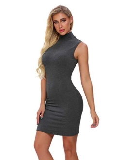 M T 4 YOU Women's Summer Sexy Sleeveless Turtleneck Stretchy Bodycon T Shirt Short Mini Dresses