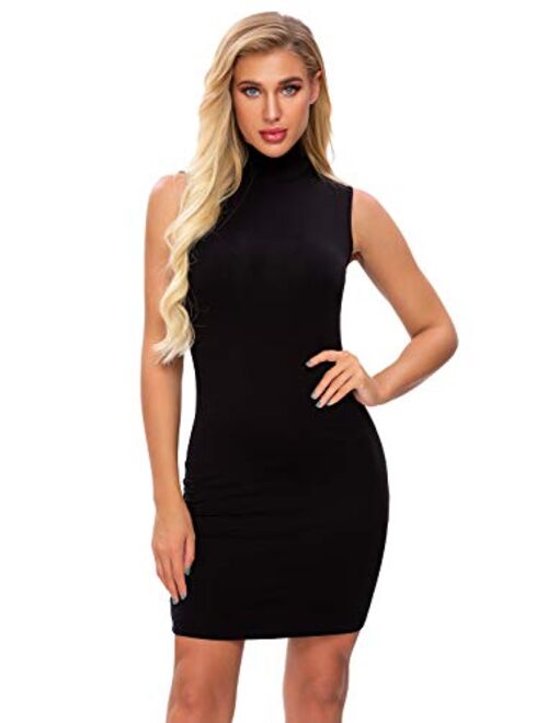 M T 4 YOU Women's Summer Sexy Sleeveless Turtleneck Stretchy Bodycon T Shirt Short Mini Dresses