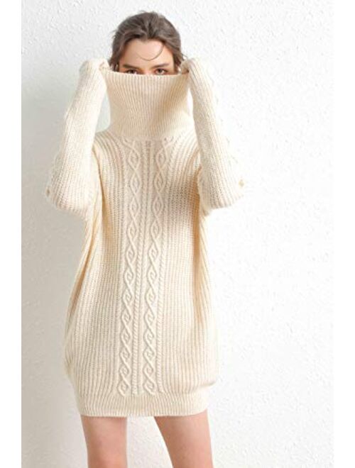 LONGMING Women's Merino Wool Oversized Turtleneck Loose Winter Knitted Long Pullover Fall Sweater Dress