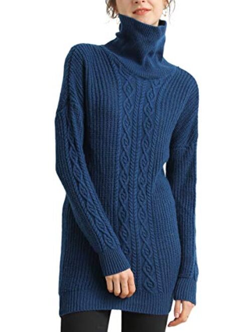 LONGMING Women's Merino Wool Oversized Turtleneck Loose Winter Knitted Long Pullover Fall Sweater Dress