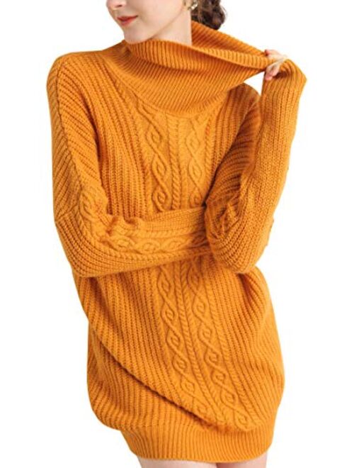 LONGMING Women's Merino Wool Oversized Turtleneck Loose Winter Knitted Long Pullover Fall Sweater Dress